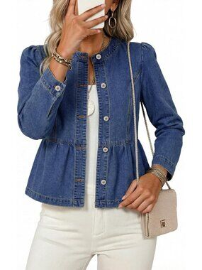 Women's Bluing Button Down Long Sleeve Collarless Cinched Waist Denim Jackets